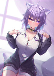  absurdres ahoge animal_ear_fluff animal_ears black_collar black_jacket blue_hair blush breasts cat_ears cat_girl cat_tail cleavage closed_mouth collar collarbone colored_inner_hair dress_shirt female hair_between_eyes highres hololive jacket large_breasts long_sleeves looking_at_viewer multicolored_hair neko_punch_(user_hddm3373) nekomata_okayu nekomata_okayu_(oversized_shirt) official_alternate_costume open_clothes open_jacket purple_eyes purple_hair shirt short_hair sitting smile solo tail virtual_youtuber white_shirt 