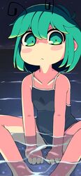  alternate_costume antennae blush_stickers breasts closed_mouth commentary feet_out_of_frame female green_eyes green_hair hair_between_eyes highres looking_at_viewer night night_sky one-piece_swimsuit short_hair sitting sky small_breasts solo swimsuit touhou ugif water wriggle_nightbug 