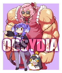  3girls :3 absurdres animal_costume black_bow blonde_hair blue_eyes bodysuit bow brown_hair candy chaki_(teasets) chibi clenched_hands fang_out finger_gun fish_hair_ornament flower food hair_flower hair_ornament head_wings heterochromia highres holding holding_candy holding_food holding_lollipop impact_(font) lollipop multicolored_hair multiple_girls muscular muscular_female nijisanji nijisanji_en obsydia_(nijisanji) oerba_yun_fang penguin_costume petra_gurin pink_hair plant pointing purple_eyes purple_hair red_bodysuit red_flower red_rose rose rosemi_lovelock selen_tatsuki selen_tatsuki_(1st_costume) short_sidetail simple_background skin_fang streaked_hair sunglasses thorns tongue tongue_out vines virtual_youtuber wings 