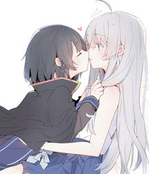  2girls ^^^ absurdres ahoge bare_arms bare_shoulders black_cape black_hair blue_skirt blush braid cape closed_eyes closed_mouth commentary_request elaina_(majo_no_tabitabi) from_side grey_hair hair_between_eyes hand_up heart highres lionet0806 long_hair long_sleeves majo_no_tabitabi multiple_girls profile saya_(majo_no_tabitabi) shirt simple_background skirt sleeveless sleeveless_shirt surprised tongue tongue_out very_long_hair white_background white_shirt yuri 