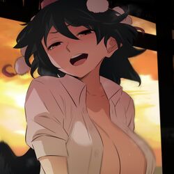  black_hair breasts collarbone collared_shirt female hat large_breasts no_bra open_mouth pom_pom_(clothes) puffy_short_sleeves puffy_sleeves red_eyes red_hat shameimaru_aya shirt short_hair short_sleeves shundou_heishirou solo sunset teeth tokin_hat touhou unbuttoned upper_teeth_only white_shirt 