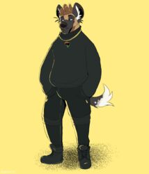  absurd_res african_wild_dog anthro black_nose bottomwear canid canine canis clothing darius_davis fashion footwear frohawk fur hand_in_pocket hands_in_both_pockets hi_res jewelry looking_away male mammal multicolored_body multicolored_fur multicolored_tail necklace pants pockets shoes simple_background slightly_chubby slightly_chubby_male solo splvshcat standing sweater tail topwear turtleneck 