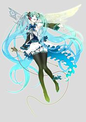  aqua_eyes aqua_hair black_thighhighs commentary_request detached_sleeves dress female flying full_body garter_belt grey_background hatsune_miku headphones highres long_hair nagimiso open_mouth smile solo stick thighhighs twintails very_long_hair vocaloid wings 