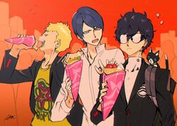  3boys absurdres amamiya_ren animal bag black_hair black_jacket blonde_hair blue_eyes blue_hair blush btmr_game closed_eyes crepe eating feline food food_in_mouth glasses hair_between_eyes highres holding holding_food jacket kitagawa_yuusuke long_sleeves male_focus morgana_(persona_5) multiple_boys opaque_glasses open_mouth outdoors persona persona_5 sakamoto_ryuuji school_bag school_uniform shirt shoulder_bag shuujin_academy_school_uniform signature sparkle upper_body white_shirt 