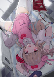  &gt;_&lt; :d apron armband arms_up bed blood blood_bag blurry blurry_foreground blush breasts brown_hair center_frills checkered_floor clothes_lift commentary depth_of_field eggplant female food frills groin hair_ornament hat heart highres holding holding_food hospital_bed indoors knife long_hair looking_at_viewer lying nail_polish natori_sana nurse_cap oerba_yun_fang on_back on_bed oooomiga open_mouth panties pink_apron pink_hat pink_nails pink_panties pleated_skirt puffy_short_sleeves puffy_sleeves rabbit_hair_ornament red_eyes sana_channel shirt short_sleeves skirt skirt_lift small_breasts smile solo stuffed_animal stuffed_rabbit stuffed_toy two_side_up underwear upside-down very_long_hair virtual_youtuber white_shirt white_skirt 