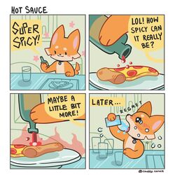  1:1 absurd_res ambiguous_gender anthro bodily_fluids canid canine canis collar couppy_comics dialogue domestic_dog drinking english_text food glass herding_dog hi_res hot_sauce mammal pastoral_dog pizza regret solo tears text water welsh_corgi 