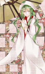  cherry_blossom_print chrysanthemum_print collar commentary eveia female floral_background floral_print flower green_hair hair_flower hair_ornament half-closed_eyes hatsune_miku highres holding holding_umbrella japanese_clothes kimono oil-paper_umbrella peony_print plum_blossoms portrait red_collar seigaiha shiromuku solo tassel uchikake umbrella vocaloid wataboushi yuki_miku yuki_miku_(2013) 