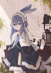  animal_ears black_dress blue_eyes blue_hair blue_neckwear blush book closed_mouth commentary_request dress female frilled_hairband frilled_sleeves frills hair_between_eyes hairband highres kushida_you long_hair long_sleeves original pantyhose partial_commentary rabbit_ears shelf sleeves_past_fingers sleeves_past_wrists solo striped_clothes striped_hairband very_long_hair white_hairband white_pantyhose wide_sleeves 