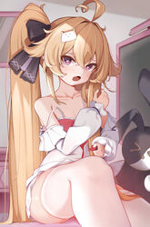  absurdres ahoge attilio_regolo_(azur_lane) attilio_regolo_(castle_of_inspiration)_(azur_lane) azur_lane black_ribbon blonde_hair brushing_hair brushing_own_hair camisole cardigan chinese_commentary comb commentary_request crossed_bangs female hair_between_eyes hair_ornament hair_ribbon heart heart-shaped_pupils highres huge_ahoge indoors light_blush long_hair looking_at_viewer mole mole_under_eye monitor oerba_yun_fang off_shoulder open_mouth purple_eyes rabbit_hair_ornament red_camisole ribbon sidelocks sitting skin_fang solo stuffed_animal stuffed_rabbit stuffed_toy symbol-shaped_pupils thighhighs thighs twintails tying_hair very_long_hair white_cardigan white_thighhighs youten_yy 