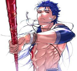  1boy abs blue_hair bodypaint bracelet closed_mouth crescent crescent_necklace cu_chulainn_(fate) cu_chulainn_(fate/stay_night) cu_chulainn_(second_ascension)_(fate) earrings expressionless fate/grand_order fate/stay_night fate_(series) floating_hair foreshortening gae_bolg_(fate) hair_down holding holding_polearm holding_weapon incoming_attack jewelry long_hair looking_at_viewer male_focus muscular muscular_male necklace official_alternate_costume polearm red_eyes simple_background skin_tight solo spear spiked_hair strap topless_male uni_(nico02) weapon white_background 