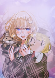  bad_id bad_twitter_id blonde_hair blue_eyes blush bob_cut brown_sweater bubba_(watson_amelia) canine female glasses hair_behind_ear hair_ornament highres hololive hololive_english looking_at_viewer official_alternate_costume official_alternate_hairstyle open_mouth parody plaid plaid_sweater round_eyewear set7 short_hair smol_ame solo stuffed_toy style_parody sweater upper_body virtual_youtuber walfie_(style) watson_amelia watson_amelia_(street_casual) yellow_nails 