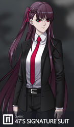  absurdres agent_47 agent_47_(cosplay) belt belt_buckle black_belt black_pants black_suit breasts buckle business_suit cosplay female formal girls&#039;_frontline half_updo highres hitman_(game) long_hair long_sleeves lzypoipoi medium_breasts necktie one_side_up pants purple_hair red_eyes red_necktie solo suit wa2000_(girls&#039;_frontline) 