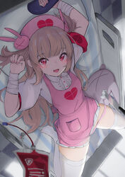  &gt;_&lt; :d apron armband arms_up bed blood blood_bag blurry blurry_foreground blush breasts brown_hair center_frills checkered_floor clothes_lift commentary_request depth_of_field eggplant female food frills groin hair_ornament hat heart highres holding holding_food hospital_bed indoors knife long_hair looking_at_viewer lying nail_polish natori_sana nurse_cap oerba_yun_fang on_back on_bed oooomiga open_mouth panties pink_apron pink_hat pink_nails pink_panties pleated_skirt puffy_short_sleeves puffy_sleeves rabbit_hair_ornament red_eyes sana_channel shirt short_sleeves skirt skirt_lift small_breasts smile solo stuffed_animal stuffed_rabbit stuffed_toy two_side_up underwear very_long_hair virtual_youtuber white_shirt white_skirt 