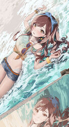  absurdres beach bikini bikini_under_clothes blush bow_hairband bracelet canvas_(object) collarbone denim denim_shorts drawing eyewear_hang female hair_spread_out hairband highres idolmaster idolmaster_shiny_colors jewelry looking_at_viewer lying modeling navel ocean on_back osaki_amana outdoors painting_(object) partially_submerged sand shirt short_shorts shorts smile solo swimsuit tied_shirt tinted_eyewear unworn_eyewear uouokuma water wet 