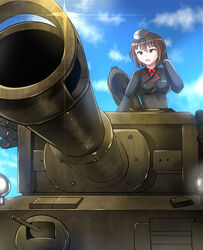  black_hat black_jacket blue_sky brown_eyes brown_hair cloud cloudy_sky commentary day diffraction_spikes dress_shirt female foreshortening garrison_cap girls_und_panzer hand_in_own_hair hat highres jacket kuromorimine_military_uniform long_sleeves military military_hat military_uniform military_vehicle motor_vehicle nishizumi_maho nyx_(mebius_no_wa) open_mouth outdoors red_shirt shirt short_hair sky solo tank tiger_i uniform wing_collar 