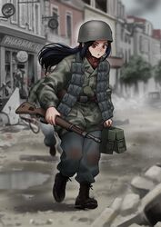  1other absurdres ammunition ammunition_box band_of_brothers battle_of_carentan black_footwear black_hair black_pants blurry blurry_background boots camouflage camouflage_jacket city combat_helmet commission explosive fallschirmhelm fallschirmjager female france full_body genderswap_(mtf) german_army gewehr_41 green_jacket grenade grey_sky gun helmet highres holding holding_gun holding_weapon invasion_of_normandy jacket long_hair long_sleeves looking_at_viewer luftwaffe mardjan military military_uniform open_mouth original outdoors pants paratrooper real_life red_eyes red_scarf rifle rule_63 scarf sky uniform weapon wehrmacht world_war_ii 