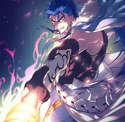  1boy abs belt biceps blue_hair capelet closed_mouth cu_chulainn_(caster)_(fate) cu_chulainn_(fate) earrings elbow_gloves fate/grand_order fate_(series) fire floating_hair foreshortening fur-trimmed_hood fur_trim gloves grin hood hood_down hooded_capelet incoming_attack jewelry long_hair looking_at_viewer male_focus multiple_piercings muscular muscular_male oerba_yun_fang red_eyes skin_tight slit_pupils smile solo spiked_hair tank_top uni_(nico02) vambraces veins 