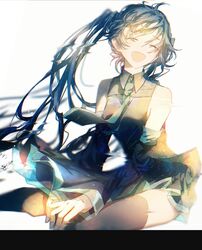  aqua_necktie bare_shoulders black_skirt black_sleeves black_thighhighs blue_hair closed_eyes commentary detached_sleeves facing_viewer female grey_shirt hatsune_miku highres karanagare long_hair necktie open_mouth own_hands_together partially_submerged ripples shirt sitting skirt sleeveless sleeveless_shirt smile solo thighhighs twintails vocaloid zettai_ryouiki 