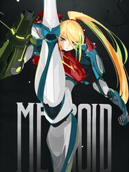  arm_cannon armor axe_kick bad_id bad_twitter_id blonde_hair blue_eyes commentary female glowing hair_ornament highres idkuroi kicking leg_up long_hair looking_at_viewer metroid metroid_dread mole mole_under_mouth ponytail power_armor power_suit power_suit_(metroid) samus_aran science_fiction sidelocks simple_background solo split standing standing_on_one_leg standing_split upper_body weapon 