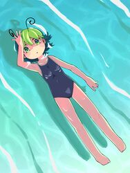  alternate_costume antennae breasts commentary female full_body green_eyes green_hair hair_between_eyes highres looking_at_viewer lying lying_on_water one-piece_swimsuit open_mouth short_hair small_breasts solo swimsuit touhou ugif water wriggle_nightbug 