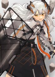  absurdres arknights belt black_skirt chest_strap commentary debris dragon_horns feet_out_of_frame female grey_background grey_hair gyamu_(chewing-gum) highres holding holding_shield holding_weapon horns long_hair long_sleeves looking_at_viewer orange_eyes parted_lips saria_(arknights) shield shirt simple_background skirt smile solo syringe_gun teeth upper_teeth_only weapon white_shirt 