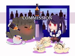  5others animal_ears animalization bar_(place) chibi commission crossover cup drinking_glass drunk eyepatch female furball g36_(girls&#039;_frontline) girls&#039;_frontline hk416_(girls&#039;_frontline) jack_daniel&#039;s jill_stingray m16a1_(girls&#039;_frontline) maid_headdress monocle multiple_others purple_hair sweatdrop tail va-11_hall-a yuutama2804 