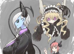  3girls :&gt; :&lt; black_horns black_sclera blonde_hair blue_skin breasts colored_sclera colored_skin demon_girl demon_tail drill_hair goth_fashion gothic_lolita highres horns huge_breasts lolita_fashion multiple_girls musuko_ga_kawaikute_shikatanai_mazoku_no_hahaoya nightmare_(mazohaha) pointy_ears red_eyes red_hair sidelocks smirk sparkle tail teresa_(mazohaha) v white_hair white_horns zyugoya 