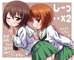  2girls alternate_costume black_neckerchief blouse border brown_eyes brown_hair character_name dated finger_to_mouth girls_und_panzer green_skirt grey_background happy_birthday highres inoue_kouji leaning_forward long_sleeves looking_at_viewer miniskirt multiple_girls neckerchief nishizumi_maho nishizumi_miho one_eye_closed ooarai_school_uniform open_mouth outside_border parted_lips pleated_skirt sailor_collar school_uniform serafuku shadow shirt short_hair shushing siblings sisters skirt smile standing translated white_border white_sailor_collar white_shirt 