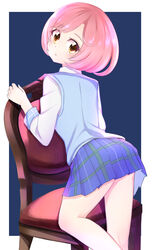  absurdres ayase_naru blue_skirt blue_vest bob_cut brown_eyes commentary_request female from_behind highres kiratto_pri_chan knee_up long_sleeves looking_at_viewer looking_back miniskirt outside_border parted_lips pink_hair plaid plaid_skirt pleated_skirt pretty_rhythm pretty_rhythm_rainbow_live pretty_series school_uniform shiawase_naru shirt short_hair skirt solo standing standing_on_one_leg swept_bangs toon_(noin) vest white_shirt wooden_chair 