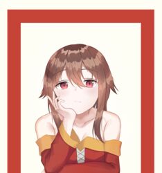  absurdres bare_shoulders blush bored breasts brown_hair cleavage closed_mouth collarbone commentary female hand_on_own_face highres kono_subarashii_sekai_ni_shukufuku_wo! looking_at_viewer megumin muyang red_eyes short_hair small_breasts solo upper_body 