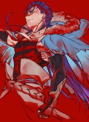  1boy belt blue_hair capelet clenched_hand closed_mouth cu_chulainn_(caster)_(fate) cu_chulainn_(fate) earrings elbow_gloves fate/grand_order fate_(series) floating_hair from_side fur-trimmed_hood fur_trim gloves grin hood hood_down hooded_capelet jewelry long_hair male_focus muscular muscular_male red_background red_eyes simple_background skin_tight smile solo spiked_hair tank_top uni_(nico02) vambraces 