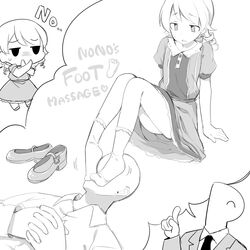  2boys bad_id bad_pixiv_id bobby_socks chibi commentary_request crossed_arms drill_hair english_text feet female foot_focus foot_on_another&#039;s_face formal greyscale idolmaster idolmaster_cinderella_girls lying medium_hair monochrome morikubo_nono multiple_boys no on_back p-head_producer producer_(idolmaster) shoes sitting socks suit sweatdrop uccow unworn_shoes 