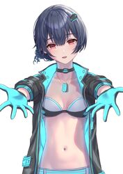  absurdres black_bra black_choker black_hair black_jacket blue_gloves bra breasts choker dance_on_the_galaxy_(idolmaster) dog_tags female gloves hair_ornament highres idolmaster idolmaster_shiny_colors jacket long_sleeves looking_at_viewer morino_rinze multicolored_clothes multicolored_gloves navel no_shirt open_clothes open_jacket outstretched_arms red_eyes short_hair simoumi_217 simple_background smile solo stomach underwear upper_body white_background white_bra 