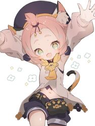  +_+ absurdres animal_ear_fluff animal_ears arms_up bag bangs_pinned_back cat_ears cat_girl cat_tail commentary_request detached_sleeves diona_(genshin_impact) fangs female forehead genshin_impact gloves hat highres looking_at_viewer navel open_mouth pink_hair short_hair short_shorts shorts simple_background solo tail urotsuki_(2013.04) white_background 