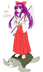  1boy absurdres beard blunt_bangs bow closed_mouth commentary derivative_work detached_sleeves facial_hair female full_body genjii_(touhou) gohei hairbow hakama hakama_pants hakurei_reimu hakurei_reimu_(pc-98) highly_responsive_to_prayers highres holding holding_gohei japanese_clothes korean_commentary kuya_(hey36253625) light_blush long_hair long_sleeves looking_at_viewer lotus_land_story miko mixed-language_commentary no_shoes pants purple_eyes purple_hair red_bow red_hakama ribbon_trim sea_turtle shide sidelocks simple_background socks standing touhou touhou_(pc-98) translated turtle white_background white_socks wide_sleeves 