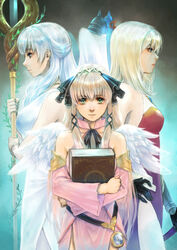  3girls bare_shoulders blonde_hair blue_eyes blue_hair book breasts brown_hair closed_mouth detached_sleeves dress green_eyes highres holding holding_book holding_staff light_blue_hair long_hair looking_at_viewer medium_breasts multiple_girls official_art pink_dress plant red_dress sleeveless sleeveless_dress small_breasts staff takeda_yuuko verse_world_rpg vines white_dress wings 