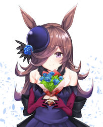  absurdres animal_ears bare_shoulders black_hat blue_dress blue_flower blue_rose bouquet breasts brown_hair closed_mouth commentary dress female flower hair_over_one_eye hat hat_flower highres holding holding_bouquet horse_ears long_hair long_sleeves off-shoulder_dress off_shoulder petals purple_eyes rice_shower_(umamusume) rose setu_(shining12) sleeves_past_wrists small_breasts smile solo tilted_headwear umamusume very_long_hair white_background 