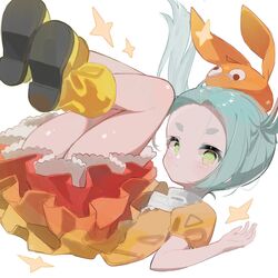  aqua_eyes blush boots closed_mouth dress falling female forehead googly_eyes green_eyes highres looking_at_viewer monogatari_(series) ononoki_yotsugi orange_dress orange_headwear petite rubber_boots shoe_soles short_eyebrows short_sleeves simple_background solo sparkle thick_eyebrows urotsuki_(2013.04) white_background yellow_footwear 