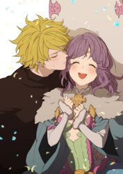  1boy ^_^ blonde_hair blush breasts brown_shirt cape closed_eyes closed_mouth female forehead_jewel gawain_(granblue_fantasy) granblue_fantasy hand_on_another&#039;s_hip hands_up imminent_kiss lennah long_hair long_sleeves mifuta open_mouth petals purple_hair shirt short_hair small_breasts smile straight sweatdrop upper_body 