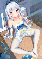  bachibachi_(tisen) bag bare_shoulders blue_eyes blush book bookshelf breasts closed_mouth collarbone commentary elbow_gloves female full_body gloves hair_ornament hat highres knees_apart_feet_together long_hair looking_at_viewer mini_hat mini_top_hat no_shoes on_floor original panties panties_under_pantyhose pantyhose pleated_skirt sitting skirt small_breasts solo strapless top_hat torn_clothes torn_skirt twintails underwear very_long_hair white_gloves white_hair white_hat white_pantyhose white_skirt 