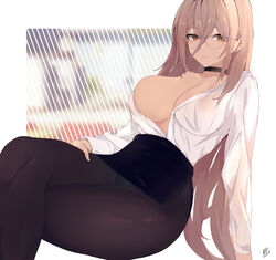  absurdres azur_lane black_choker black_skirt breasts chiru_(218mg) choker closed_mouth crossed_bangs female glasses highres implacable_(azur_lane) implacable_(shepherd_of_the_&quot;lost&quot;)_(azur_lane) large_breasts light_smile long_sleeves no_bra official_alternate_costume open_clothes open_shirt pantyhose shirt signature skirt solo white_shirt 