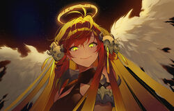  angel angel_wings armlet bare_shoulders blush broken broken_halo closed_mouth commentary demon_girl feathered_wings female hair_ornament hair_ribbon halo highres long_hair looking_at_viewer original photoshop_(medium) red_hair ribbon seoji skull skull_hair_ornament smile solo turtleneck upper_body wings yellow_eyes yellow_ribbon 