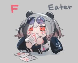  animal_ears arknights bad_id bad_twitter_id black_footwear black_hair blush character_name chibi crying crying_with_eyes_open eyewear_on_head feater_(arknights) female grey_background grey_hair haqlue holding holding_paper inactive_account multicolored_hair panda_ears paper red_eyes round_eyewear shadow shoes short_hair sitting solo streaked_hair sunglasses tears twintails 