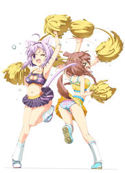  &gt;_&lt; 2girls :3 absurdres alternate_costume animal_ears armpits ass back-print_panties bad_id bad_pixiv_id bare_arms breasts cat_cutout cat_ears cat_girl cat_lingerie cat_tail cheerleader cleavage_cutout clothes_writing clothing_cutout collarbone crop_top dog_ears dog_girl dog_tail full_body highres hololive hoso-inu inconvenient_tail inugami_korone loose_socks meme_attire microskirt midriff multiple_girls navel nekomata_okayu oerba_yun_fang one_eye_closed panties pantyshot pleated_skirt pom_pom_(cheerleading) poruneko print_panties shoes simple_background skin_fang skirt sneakers socks sparkling_eyes striped_clothes striped_panties tail tank_top trefoil underwear v-shaped_eyebrows virtual_youtuber waving_arms wavy_mouth white_background 