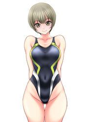  akebi-chan_no_serafuku arms_behind_back ass_visible_through_thighs brown_eyes competition_swimsuit covered_navel cowboy_shot female grey_hair groin head_tilt highleg highleg_swimsuit highres looking_at_viewer minakami_riri multicolored_clothes multicolored_swimsuit one-piece_swimsuit osuzu_akiomi short_hair simple_background smile solo swimsuit thigh_gap white_background 