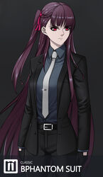  absurdres agent_47 agent_47_(cosplay) belt belt_buckle black_belt black_gloves black_pants black_suit breasts buckle business_suit cosplay female formal girls&#039;_frontline gloves grey_necktie half_updo highres hitman_(game) long_hair long_sleeves lzypoipoi medium_breasts necktie one_side_up pants purple_hair red_eyes solo suit wa2000_(girls&#039;_frontline) 