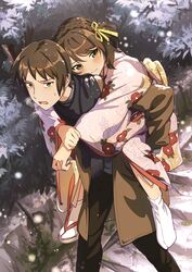  1boy black_scarf blush braid breath brown_coat brown_hair brown_pants carrying coat commentary crown_braid embarrassed female hair_ribbon highres hotaru_iori hug ichimi_renge japanese_clothes kimono kyon pants piggyback ribbon sandals scarf second-party_source short_hair snow straight suzumiya_haruhi suzumiya_haruhi_no_yuuutsu sweat tabi tsundere winter yukata 