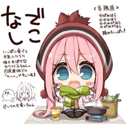  :d basket beanie black_pantyhose blue_eyes blue_shorts blush_stickers bowl brown_shirt chibi commentary_request crossover down_jacket dress_shirt female fringe_trim green_scarf hair_between_eyes hat hatachi highres holding holding_bowl jacket kagamihara_nadeshiko kirby kirby_(series) ladle long_hair looking_at_viewer nissin_cup_noodle no_shoes open_clothes open_jacket open_mouth pantyhose pantyhose_under_shorts pink_hair plaid plaid_shirt red_headwear scarf shirt short_shorts shorts sidelocks simple_background sitting smile spring_onion translation_request very_long_hair wariza white_background white_jacket yurucamp 