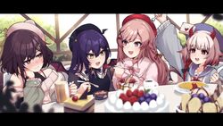  4girls absurdres bat_wings beret black_headwear blue_headwear bow brown_bow cake demon_horns envelope food fork fruit green_bow hairbow hat highres holding holding_fork holding_spoon horns ice_cream letterboxed matsuro_meru miori_celesta miori_celesta_(2nd_costume) multiple_girls nini_yuuna off-shoulder_sweater off_shoulder omelet omurice open_mouth pink_eyes pink_hair pink_headwear pink_shirt red_eyes red_headwear sailor_collar shirt sitting smile spoon strawberry sweater table tsunderia tsunderia_quest valefal_coneri virtual_youtuber white_sweater window wings yazaki_kallin yellow_eyes 