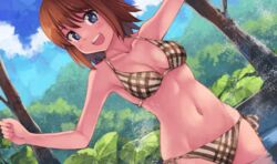  :d akatsuki_miho akemiho_tabi_nikki bare_shoulders bikini blue_eyes blue_sky blush bob_cut brown_bikini brown_hair cloud cloudy_sky collarbone commentary day dutch_angle female foliage forest gendai_ninjakko_zukan halterneck highres kouno_hikaru looking_at_viewer nature navel onsen open_mouth outdoors outstretched_arms partially_submerged plaid plaid_bikini short_hair side-tie_bikini_bottom sky smile solo string_bikini swimsuit tree wading 